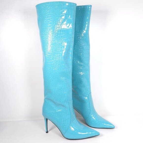 Croc Detail Pointed Toe Stiletto Heel Knee High Boots Size 40 Blue Faux Patent - Picture 1 of 8
